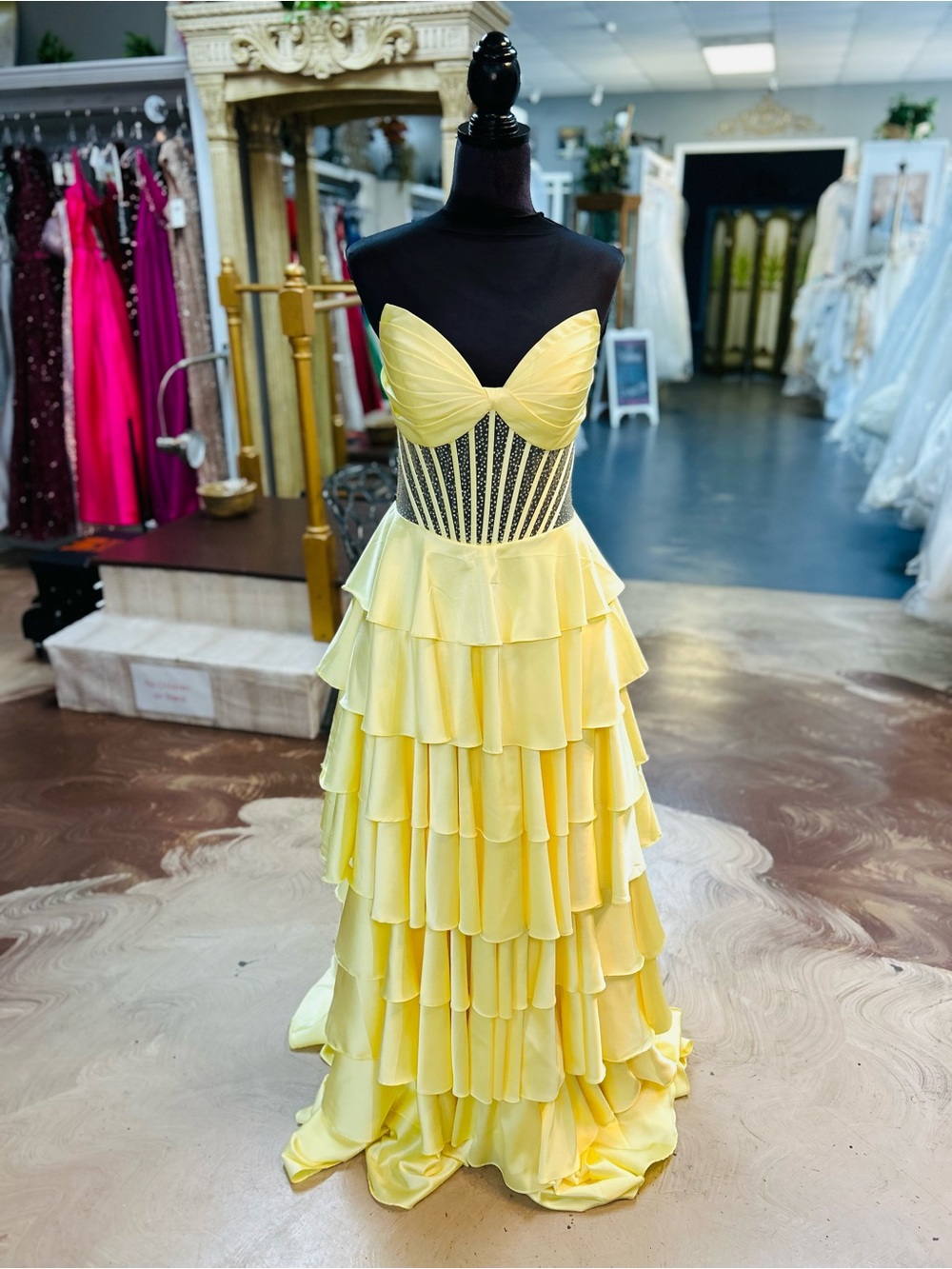 Alyce Paris Sweetheart Yellow Tiered Ruffle Prom Gown
